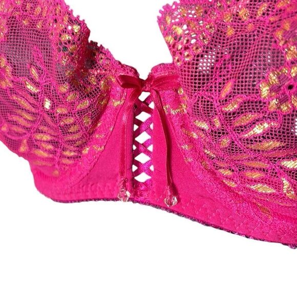 Victoria’s Secret mesh bra  unlined demi 34D hot pink/gold Barbie fairy lace up - Picture 3 of 5